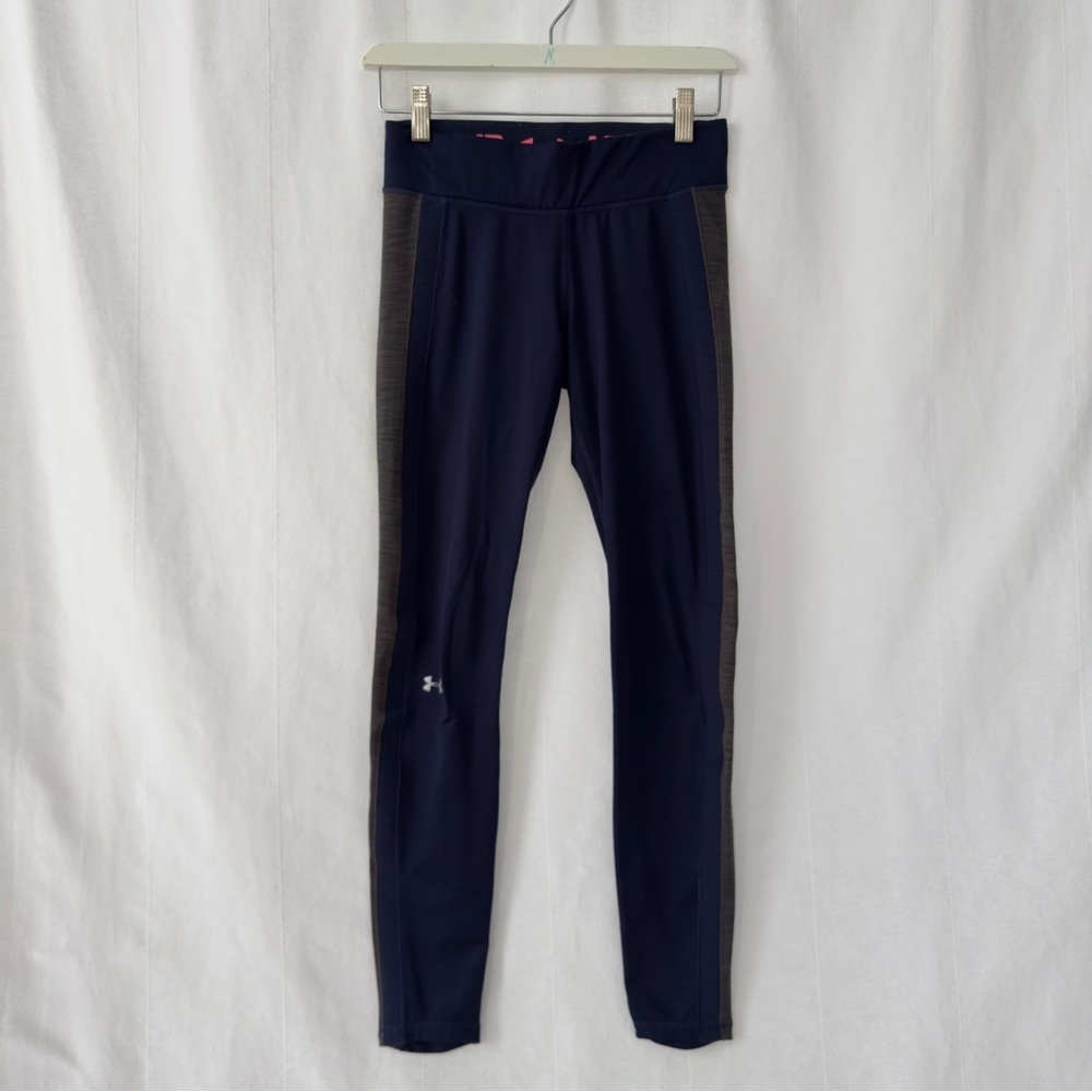 Under Armour | Navy & Grey Athletic Leggings with Pink Logo Waistband | Size S